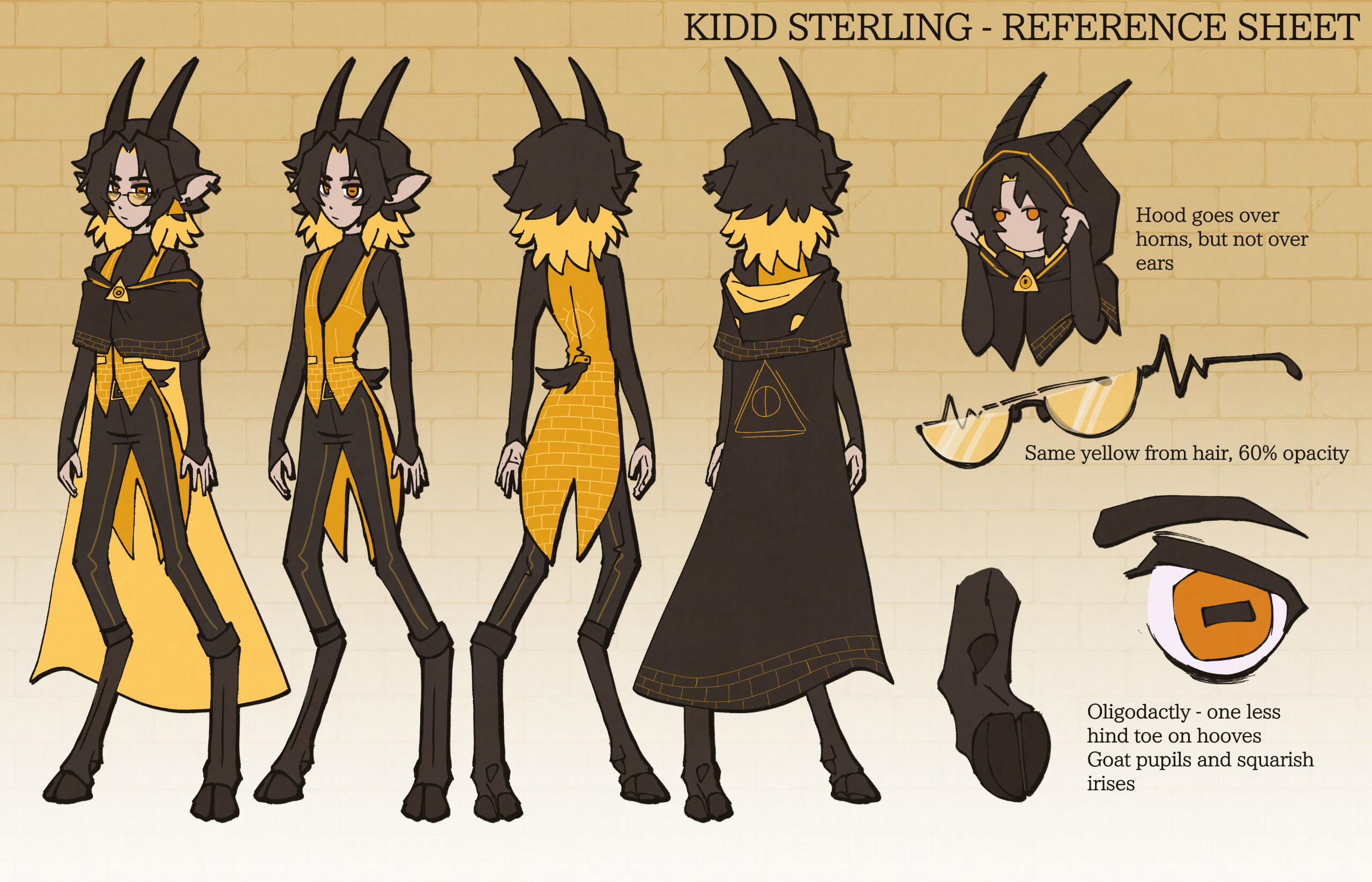 Reference sheet for Kidd Sterling. Includes front and back view of Kidd's outfit with and without the cloak, as well as references for his glasses, hooves, and eyes. It is on a pale yellow background with a faint brick pattern. Text reads "Kidd Sterling -